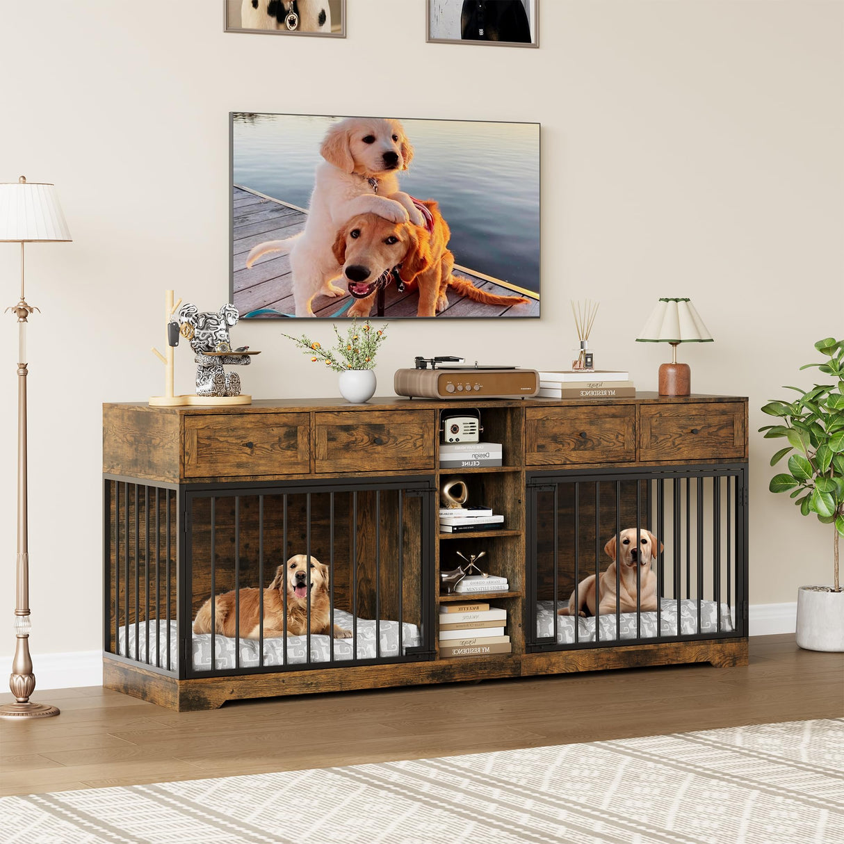 IDEALHOUSE 82” Large Dog Crate for 2 Dogs, Dog Kennel Indoor with 4 Drawers and Shelves, Double Dog Crate Furniture TV Stand, Wooden Dog Cage for Medium Large Dogs, Brown IDEALHOUSE