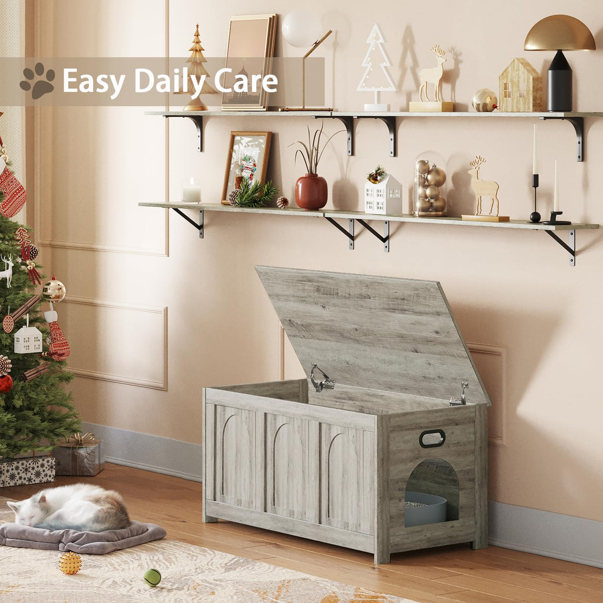 DINZI LVJ Cat Litter Box Enclosure, Flip Top Litter Box Furniture, Farmhouse Hidden Cat Washroom, Wooden Pet House, End Side Table, 39.4" L x 19.7" W x 19.7" H, Sturdy and Easy to Assemble, Gray Wash DINZI LVJ