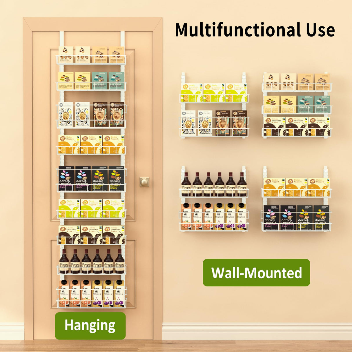 Churboro Over the Door Pantry Organizer Rack with 9 Adjustable Baskets, 9 Tiers Dual-use Hanging or Wall Mount Spice Rack Organizer, White Churboro