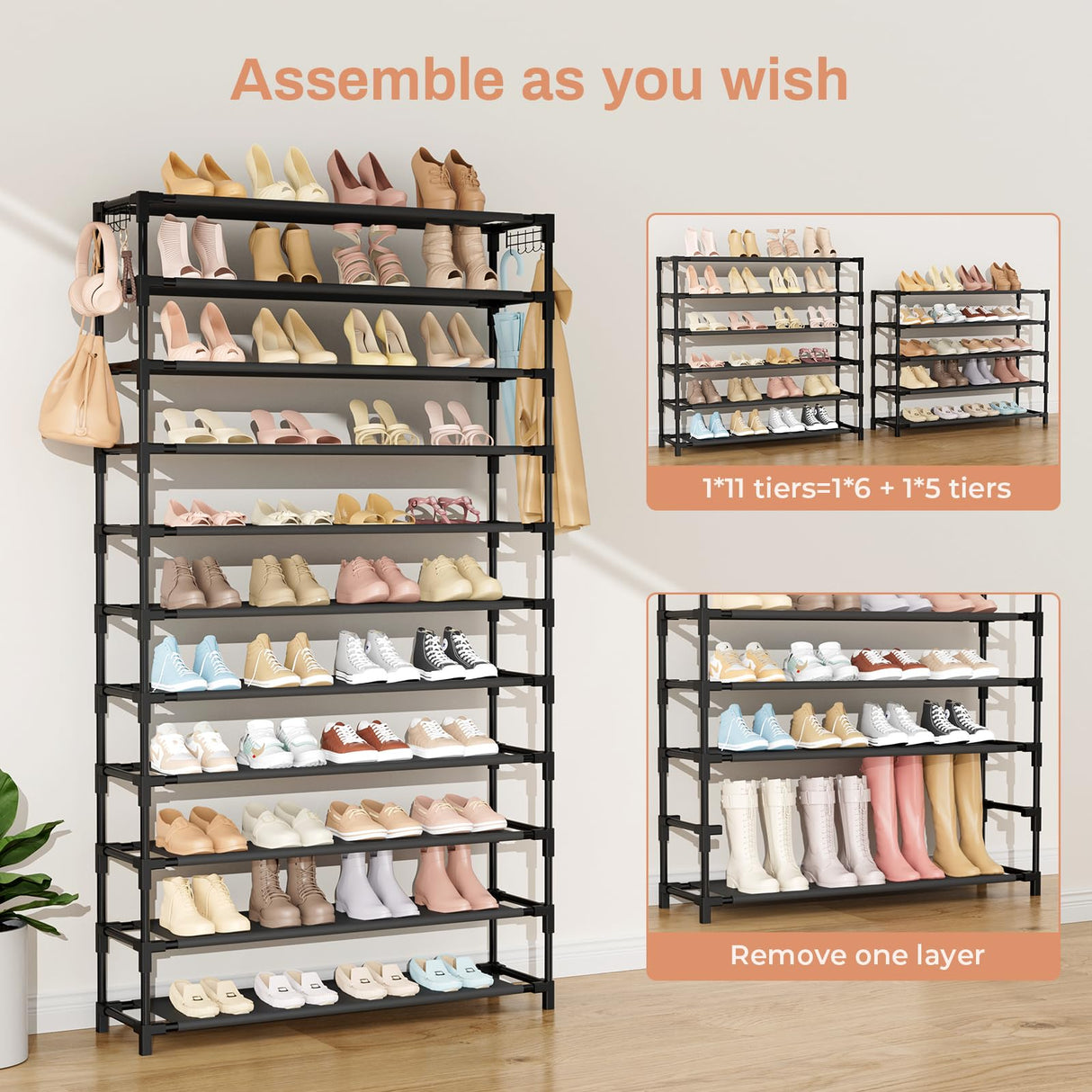VILICK 11 Tiers Tall Wide Shoe Rack 55 Pairs Large Capacity Sturdy Durable Shoe Rack for Closet Metal Shoe Organizer Shelf with Two Hooks Space Saving for Entryway Black VILICK
