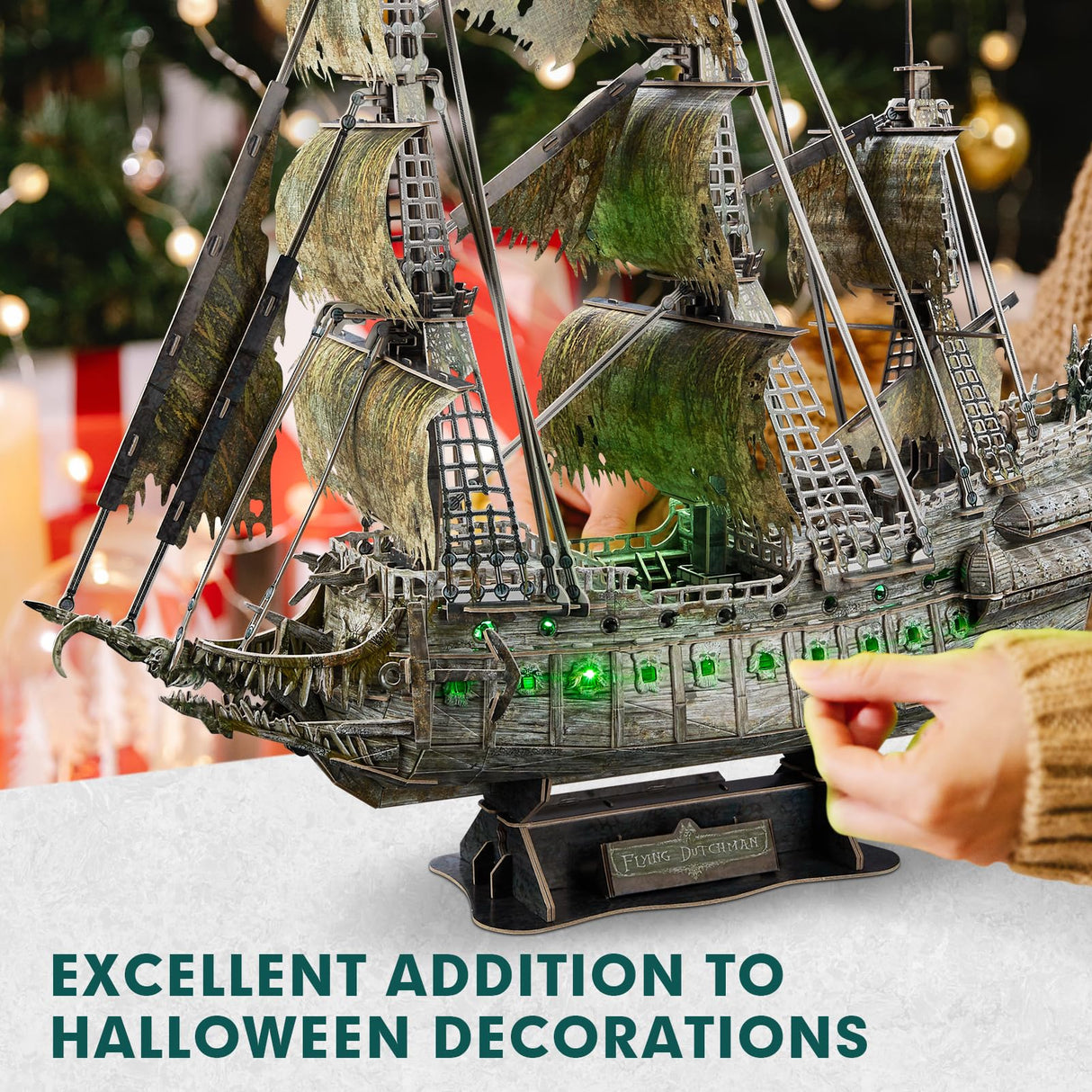 CubicFun 3D Puzzles for Adults Green LED Flying Dutchman, 360 Pieces Pirate Ship Arts & Crafts for Adults Gifts for Men Women Model Kit, Lighting Ghost Ship Easter Gifts Valentine's Day Gift CubicFun