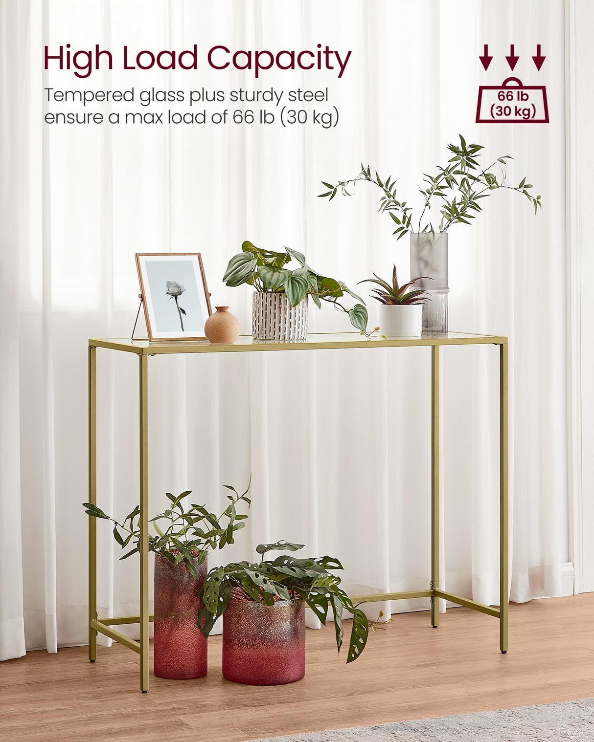 VASAGLE Entryway Table, Console Table, Tempered Glass Tabletop, Modern Sofa Table, Easy Assembly, with Adjustable Feet, for Living Room, Entryway, Pale Gold and Transparent ULGT132A01 VASAGLE