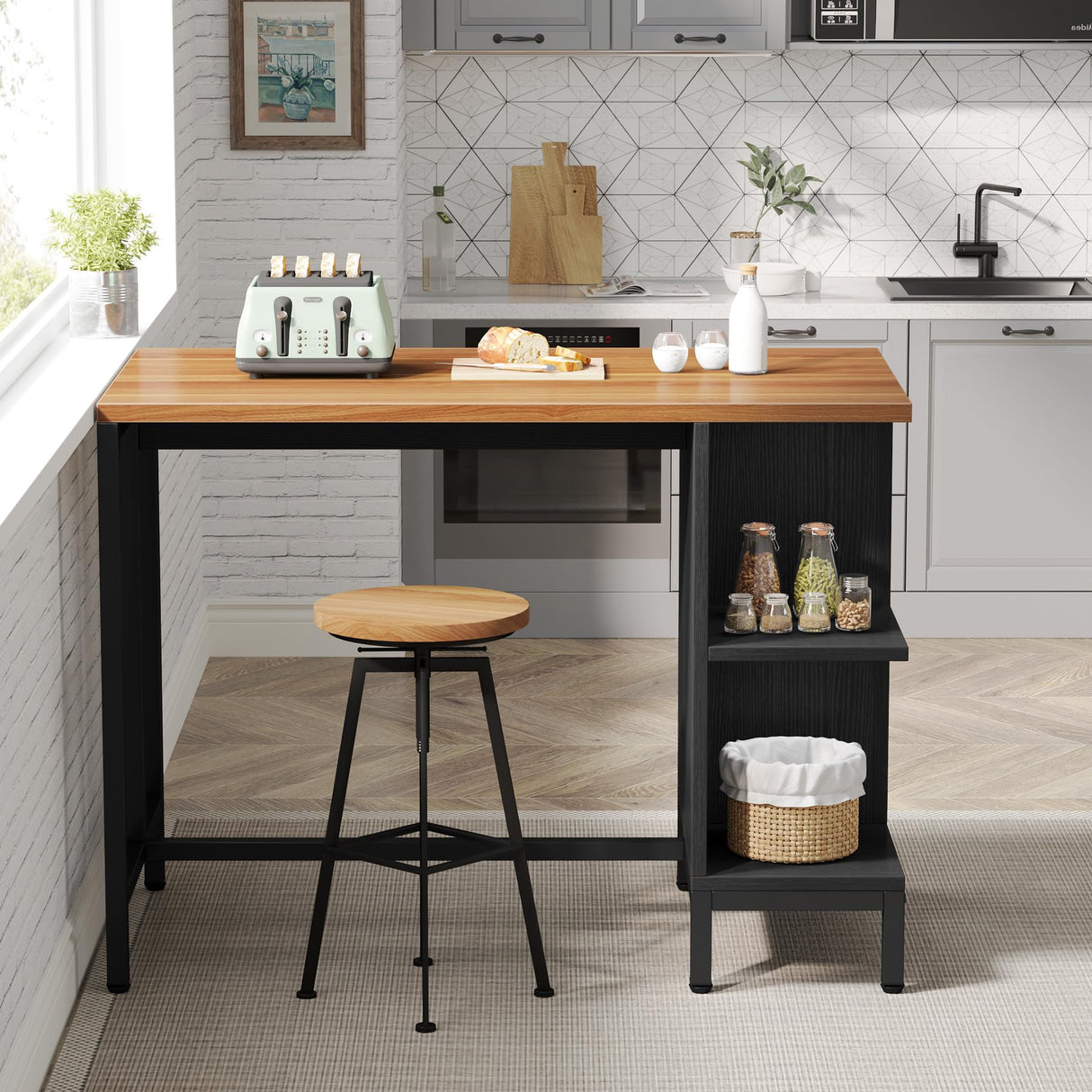 Tribesigns Kitchen Island, Kitchen Shelf Kitchen Bar Table with 5 Open Storage Shelves and Large Worktop, Industrial Butcher Block Island (Stools Not Included) Tribesigns