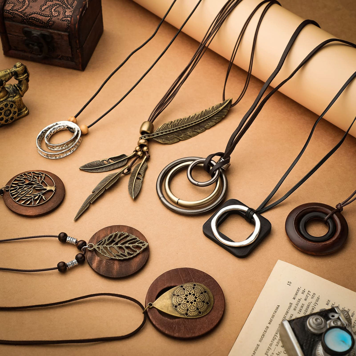 Huquary 8 Pcs Boho Necklaces for Women Boho Jewelry for Women Long Wooden Pendant Choker Necklaces Brown Faux Leather Cord Sweater Jewelry Feather for Women Men Huquary