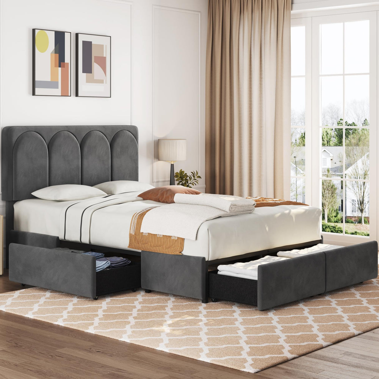 Stylish Dark Gray Queen Bed Frame with Adjustable Headboard and 4 Storage Drawers Yaheetech