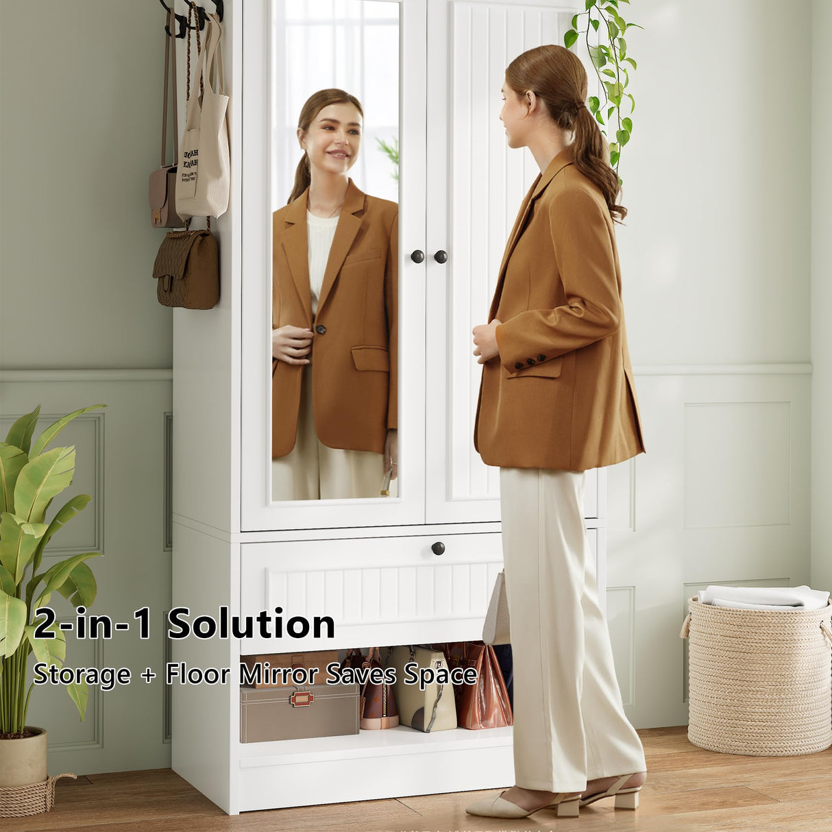 iPormis Wood Armoire Wardrobe Closet with Mirror Door and Drawer, 2 Doors Bedroom Storage Cabinet for Hanging Clothes, White iPormis