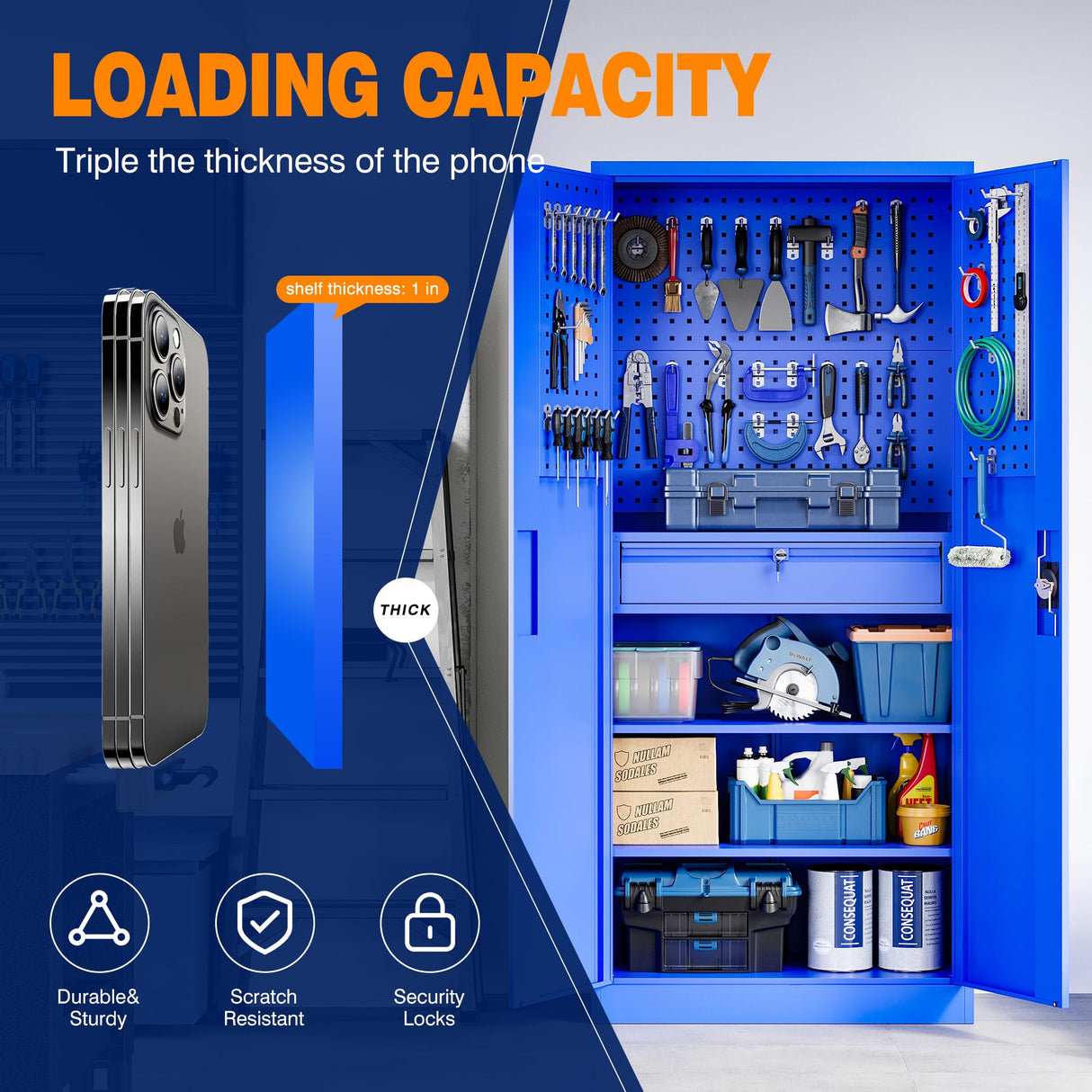 Yizosh Metal Garage Storage Cabinet with Locking Doors and Drawers, Heavy Duty Steel Tool Cabinet with Pegboard, 71" - Lockable Cabinets for Garage, Warehouse, Basement (Blue) Yizosh