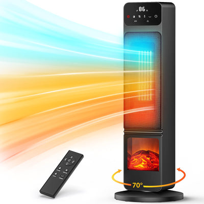 Space Heater, 1500W Electric Fireplace Heaters Indoor Portable with Child Lock & ECO Mode, PTC Ceramic, 3D Flame, 12H Timer, Remote Control, 70° Oscillation, Heating & Fan Modes for Home & Office