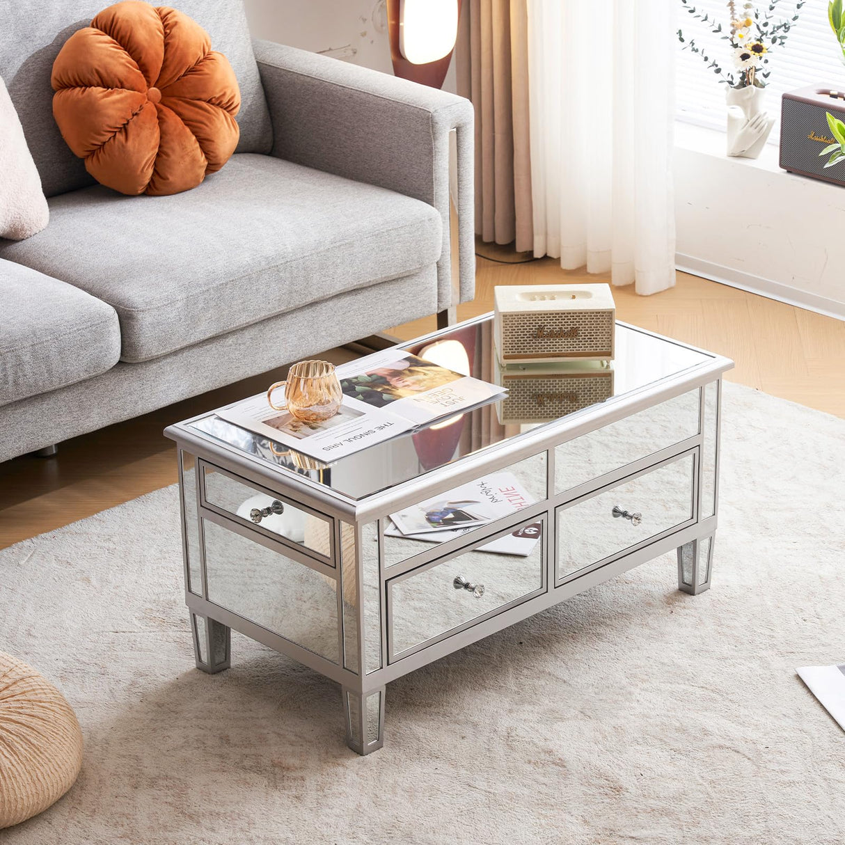 VINGLI Mirrored Lift Top Coffee Table, Assembled Modern Coffee Table with Drawers for Living Room (Silver, 35'' x 19'' x 18'') VINGLI