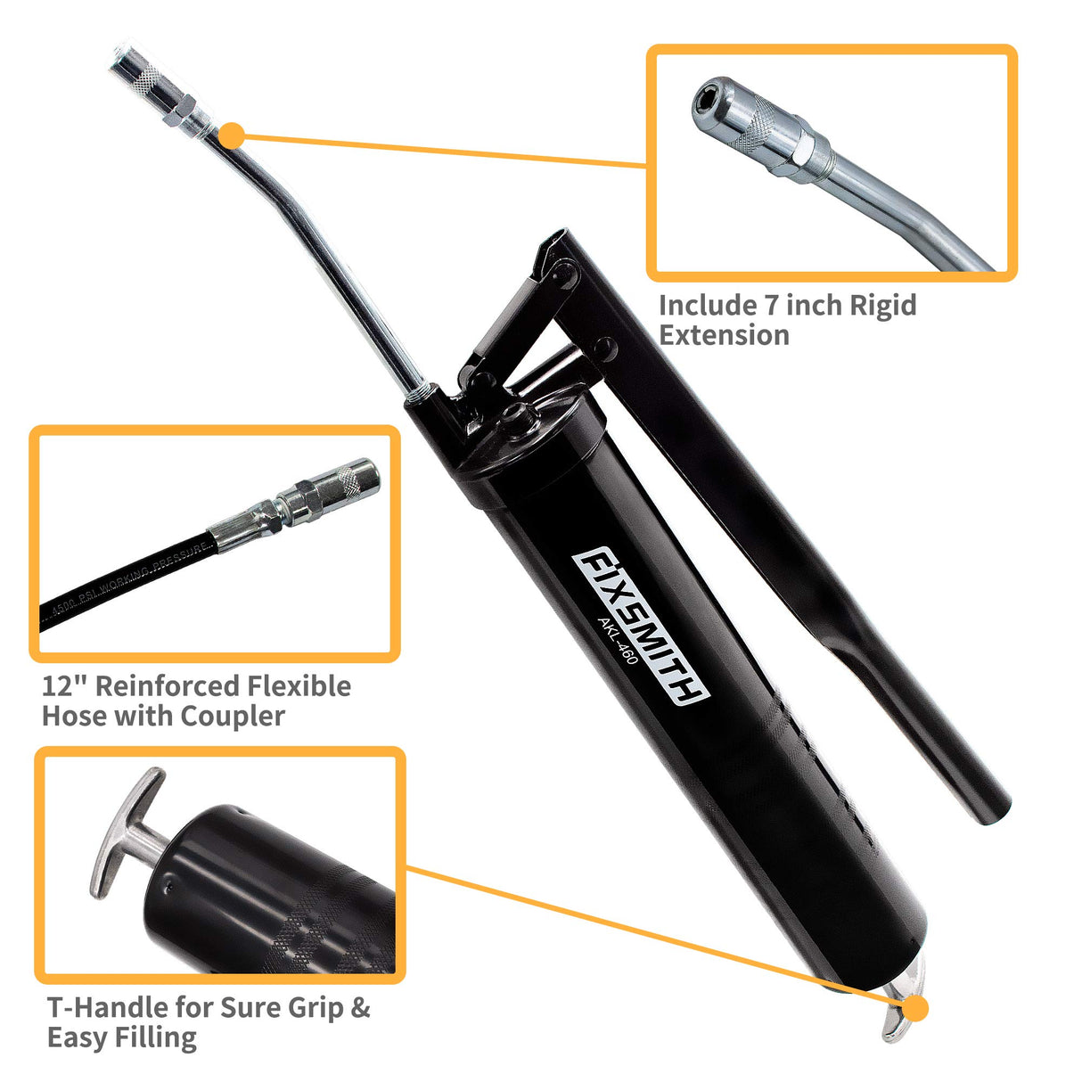 FIXSMITH Professional Lever Action Grease Gun- Heavy Duty Construction-10,000 PSI Max Pressure,Includes 12" Reinforced Flex Hose & 7" Rigid Extension,2-Way Loading-14 oz.Cartridge & Bulk Fill. FIXSMITH