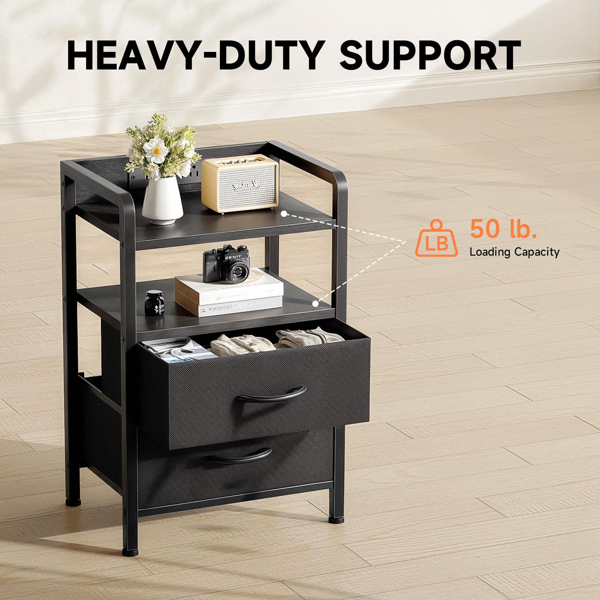 Night Stand Bedside Table Bedroom - Nightstand with Charging Station & LED Light Strip, Bed Side Table with Storage Shelf & 2 Fabric Drawers for Dorm, End Table with U-S-B Ports & AC Outlets, Black Lazzanto