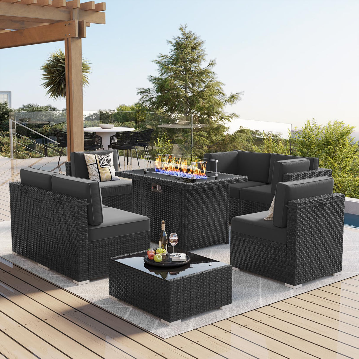 LayinSun 8 Piece Patio Furniture Set with 44" Propane Gas Fire Pit Table, Outdoor Sectional Conversation Set Wicker Rattan Sofa Set with Coffee Table LayinSun