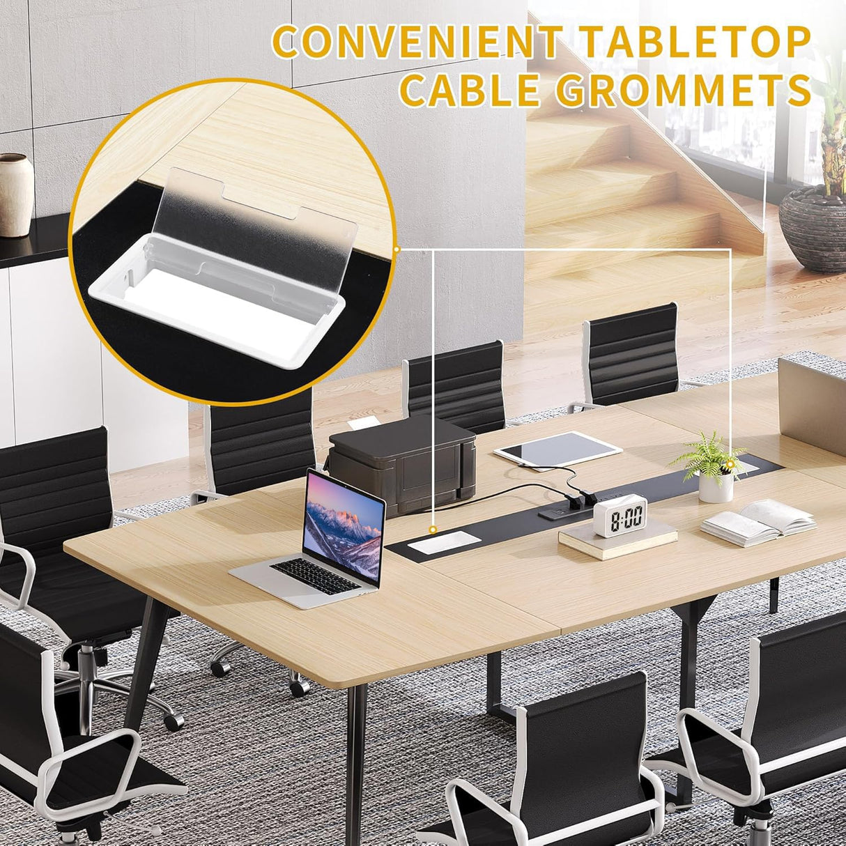 DWVO 8FT Conference Table, 94.5" Boat Shaped Meeting Table with Power Outlets & Rectangle Grommet, Modern Seminar Table for Office Conference Room, Boardroom Desk DWVO