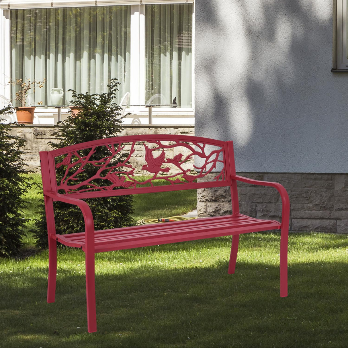 Giantex 50”Outdoor Bench with Cast Iron Backrest & Ergonomic Armrest,600 lbs Steel Metal Frame, Garden Bench for Park Front Porch Patio Lawn Backyard Balcony Path Entryway Deck, Red Bird Pattern Giantex