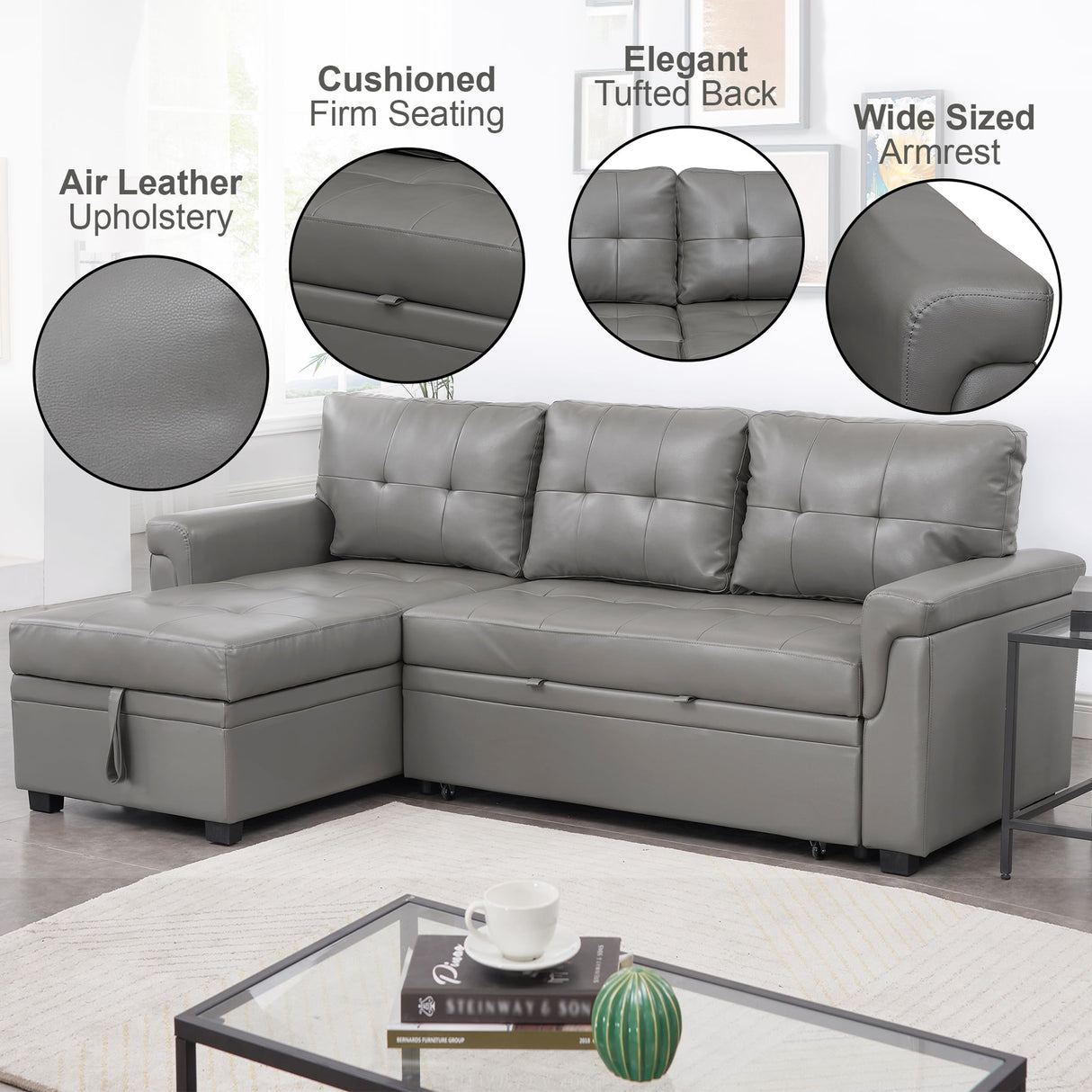 Naomi Home Transform Any Space: Sleeper Sectional Sofa with Convertible Sofa Bed & Inviting Chaise. Find Tranquil Comfort with Stress-Relieving Design & Durable Cushions - Gray/Air Leather Naomi Home