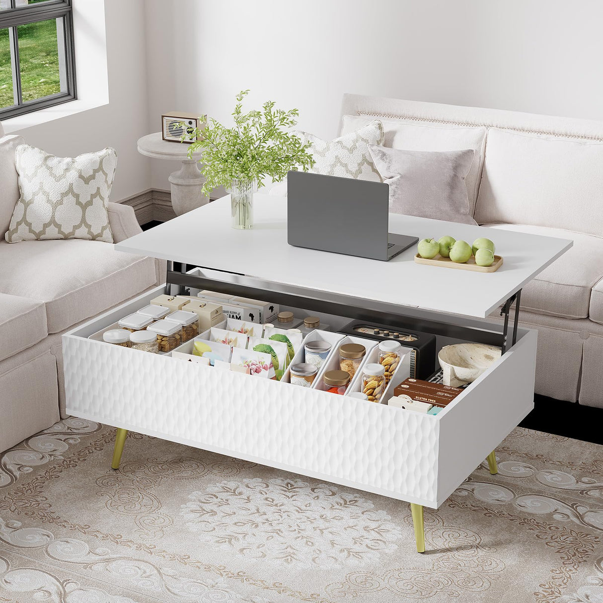 Modern Lift Top Coffee Table,39.37" White Mid Century Coffee Table with Lifting Top for Living Room, Wooden Carved Center Table with Hidden Storage Metal Legs, Fluted Panel, Adjusting to Dining Table VOXANOXI