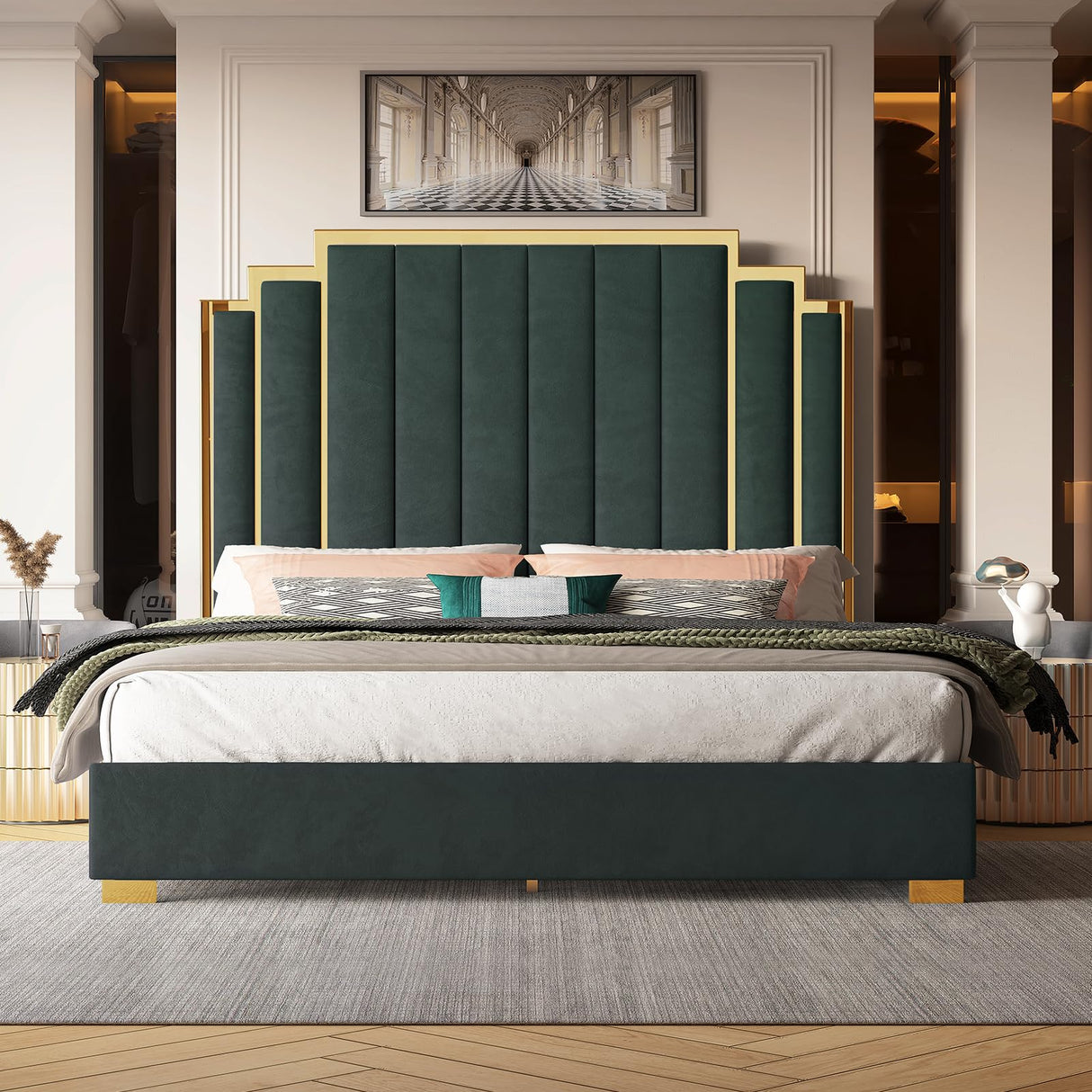 Albott King Size Platform Bed Frame, 65" Velvet Upholstered Bed with Gold Trim Headboard/Wooden Slats/No Box Spring Needed/Green Albott