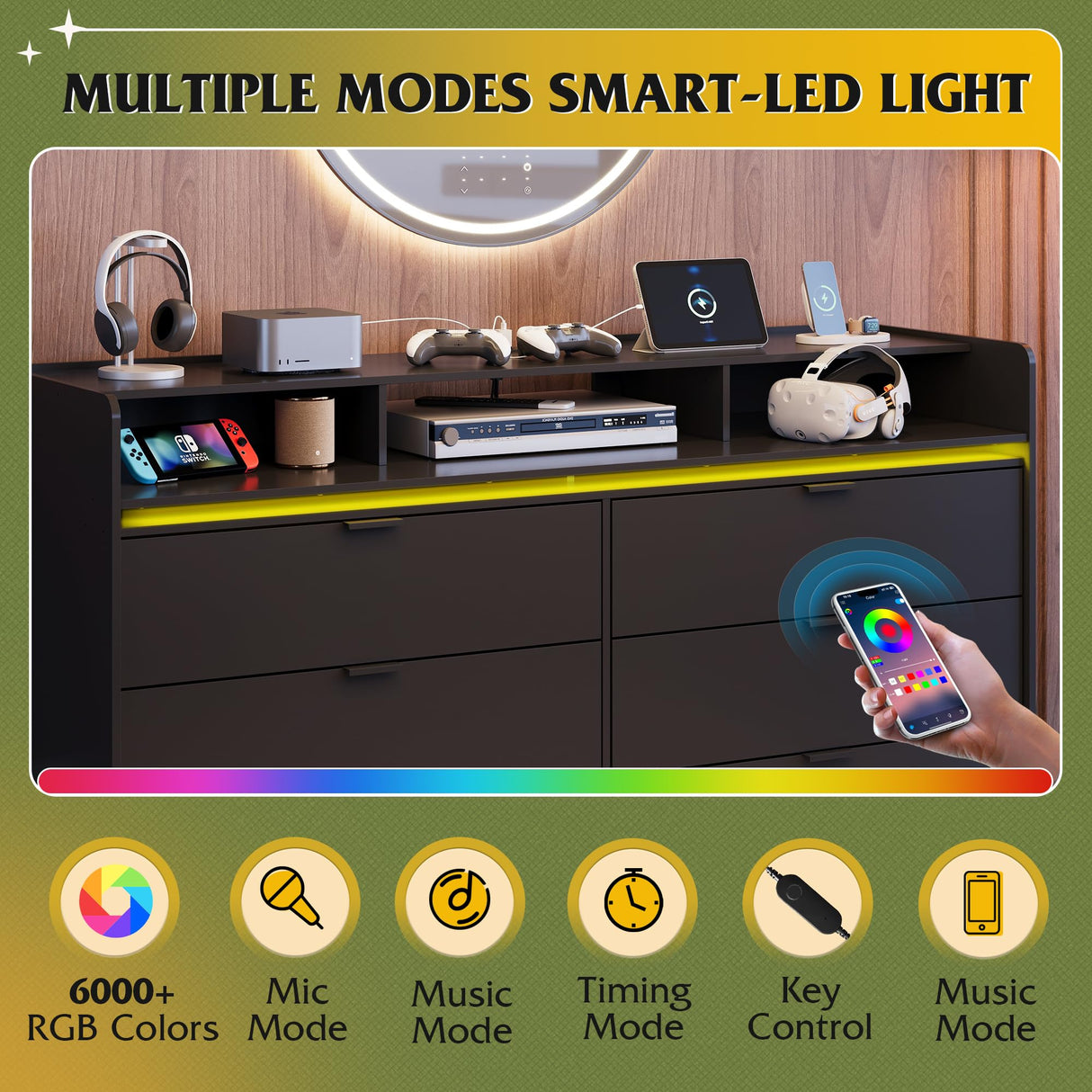 WLIVE 9 Drawer Led Dresser for Bedroom, 58.35'' Black Wood Dresser Storage Organizer with Power Outlets for 65'' TV, Dressers with Open Shelves, Chest of Drawers for Closet, Living Room WLIVE