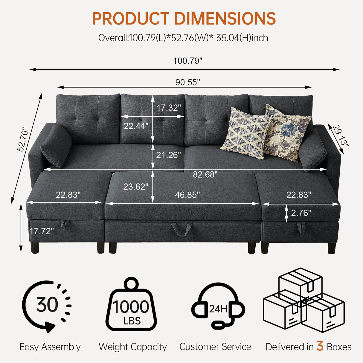 Convertible Sectional Sleeper Sofa with Storages, 100" U Shaped 4 Seater Couch with 2 Movable Ottomans and 1 Ottoman Bench Polyester Fibre for Living Room, Dark Grey Soscana
