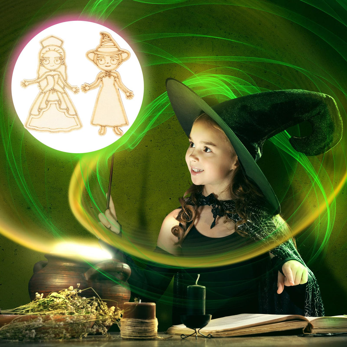 AmazingSpark 12 Sets Paint Your Own Witch Party Favors Pink and Green Princess Party Favors DIY Wood Painting Craft Kit Color Your Own Art Craft Kit(Witch) AmazingSpark