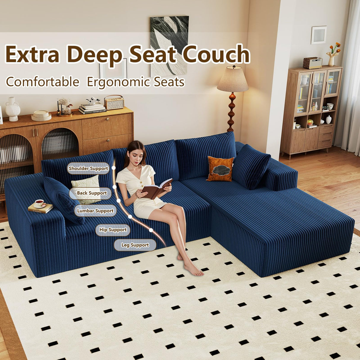 96" Modular Sectional Couch, Boneless L Shaped Cloud Sofa with Chaise Lounge, Corduroy Upholstered Couches Memory Foam Deep Seat, No Assembly Required, Ideal for Living Room(Blue, Right Facing) Lakifun