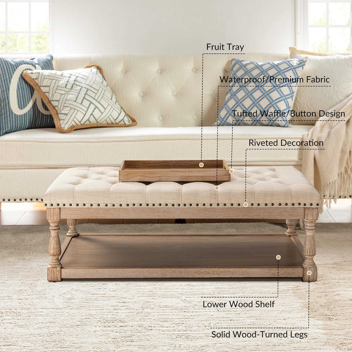 HULALA HOME Rectangle Ottoman Coffee Table with Tray, Tufted Living Room Ottoman with Solid Wood Storage Shelf, Linen HULALA HOME