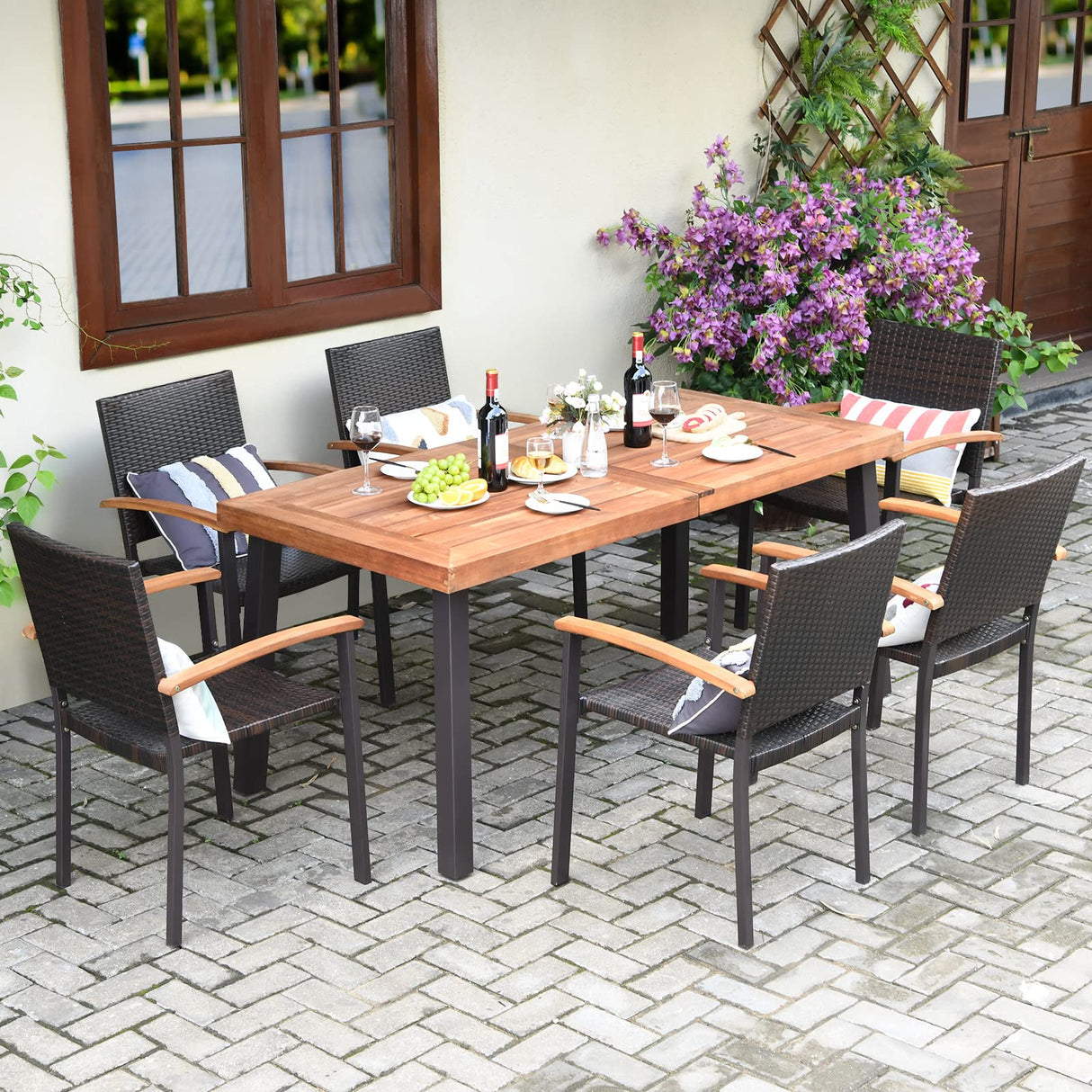 Tangkula 7-Piece Wicker Patio Dining Set, Patiojoy Outdoor Rattan Garden Yard Furniture Set, Acacia Wood Tabletop Dining Table with Umbrella Hole & 6 Stackable Rattan Chairs Set Tangkula