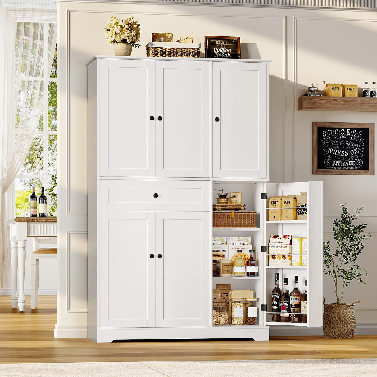 HOSTACK 68" Tall Kitchen Pantry Storage Cabinet, Modern Kitchen Hutch Cabinet with Doors and Shelves, Freestanding Food Pantry with Large Storage Drawer for Dining Room, Living Room, White HOSTACK