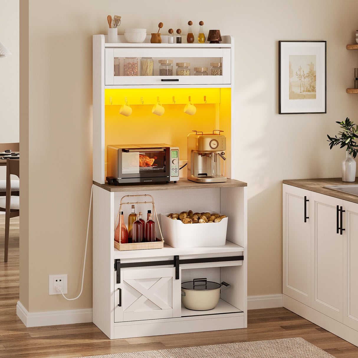 YITAHOME Bakers Rack with Power Outlet and Storage Farmhouse Microwave Stand with LED Lights Heavy Duty 5-Tier Coffee Bar Cabinet Station with 7 Hooks for Kitchen Dining Room Living Room White YITAHOME