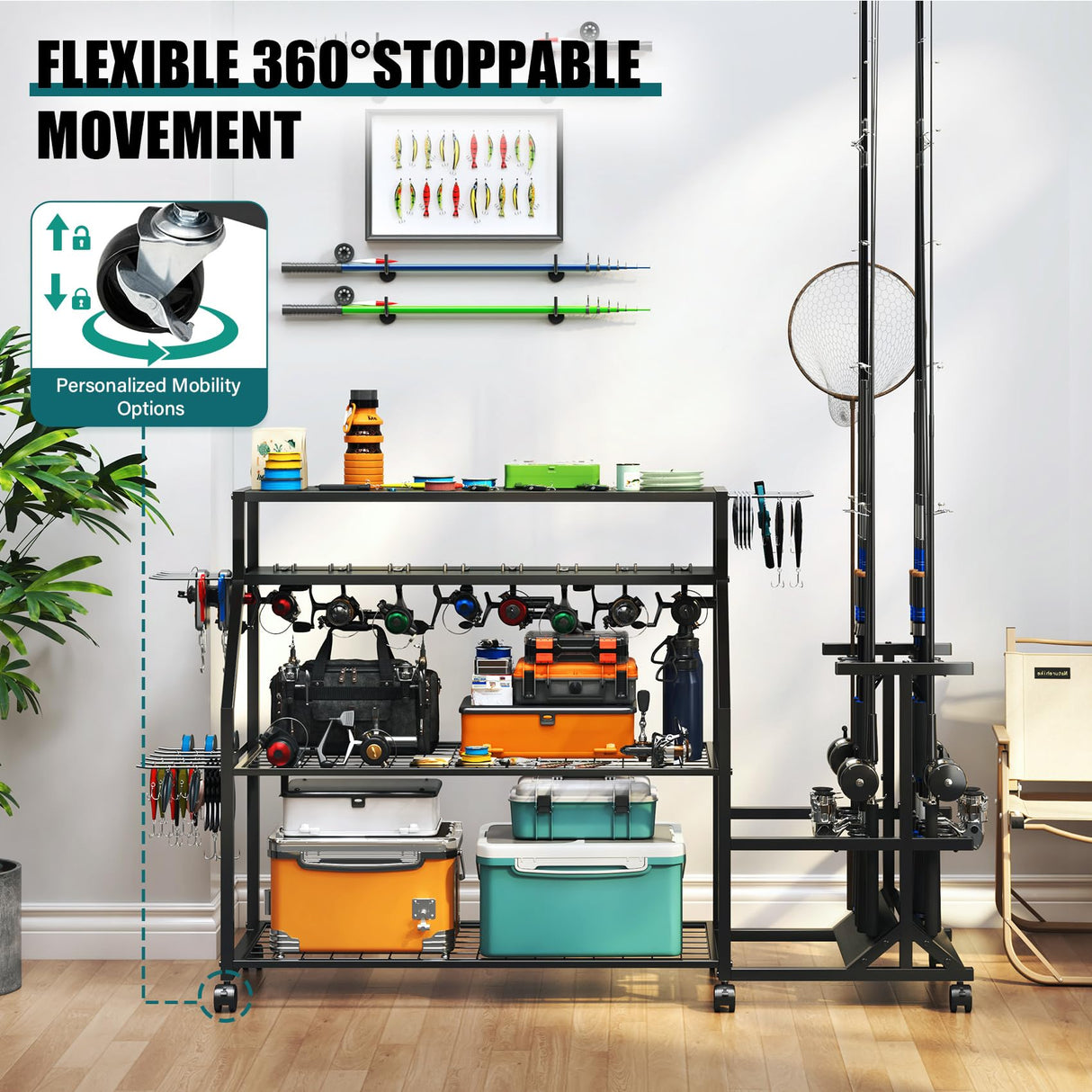 TC-HOMENY Large Fishing Rod Holders for Garage Fits for 12 Rods, 4-Tier Fishing Pole Rack Cart with Enlarged Shelves, Fishing Gear Tackle Organizer Storage Cart with Wheels for Garage, Outdoor, Black TC-HOMENY