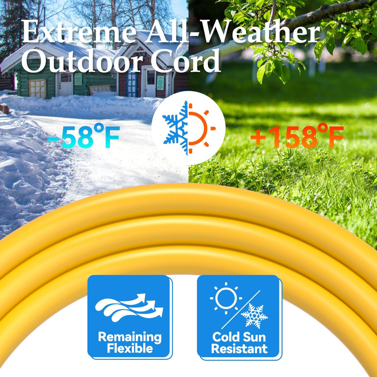 BBOUNDER Outdoor Extension Cord 100 FT Waterproof, 12/3 SJTW Heavy Duty 15A 1875W, Flexible 100% Copper 3 Prong Cords for Commercial Use and High Power Appliance, Yellow BBOUNDER