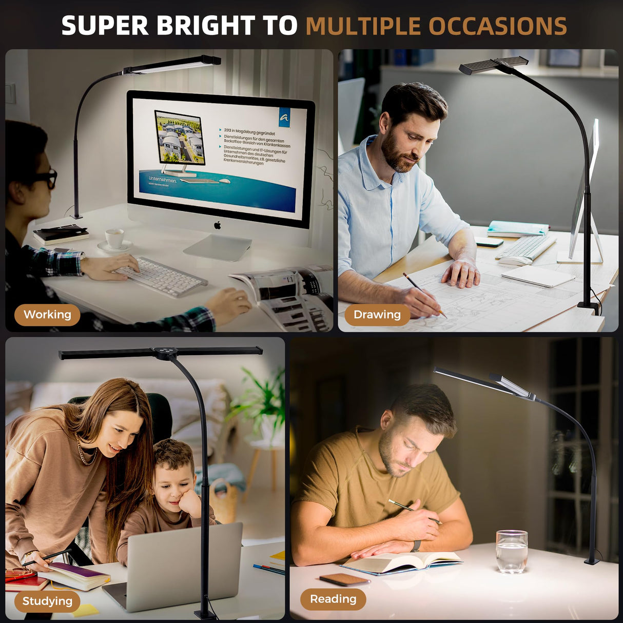 Led Desk Lamp for Home Office, Eye-Care Architect Light with Clamp, Smart Double Head Computer Monitor Table Clip Lamp, Adjustable Flexible Gooseneck, 25 Lighting Models, Task lamp, Black Motumen