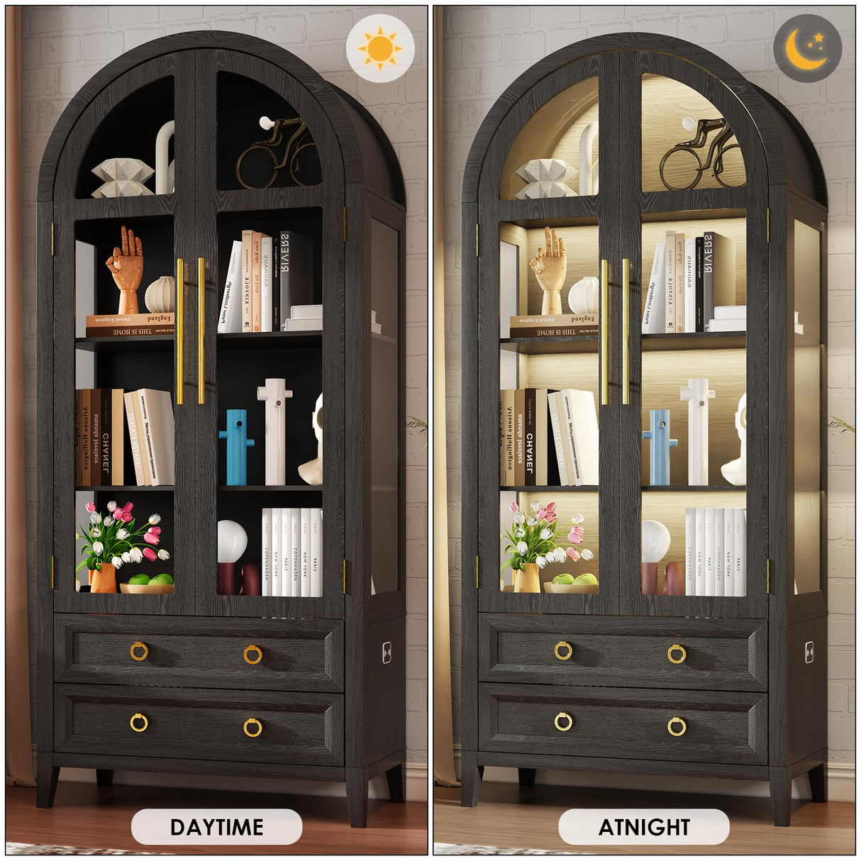 EOAWE Arched Curio Cabinet with Glass Doors, 4-Tier Display Cabinet with 2 Drawers, Tall Bookcase with 3 Color Lights, Display Case, Kitchen Pantry (Black) EOAWE