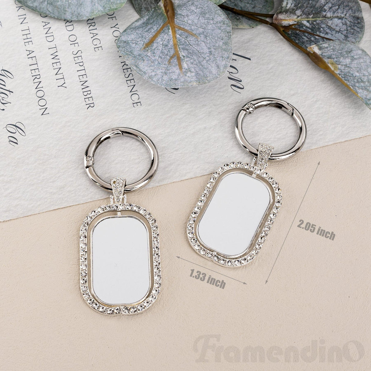 Framendino, 6 Pack Sublimation Blanks Metal Keychains Rhinestone Heat Transfer Square Rectangle Press Key Rings for Personalized DIY Crafts Photo Framendino