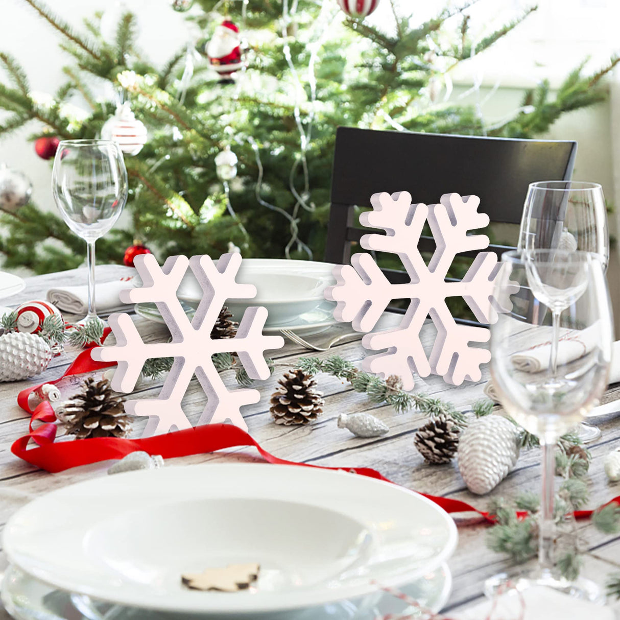 5 Pieces Christmas Wooden Snowflake Decor Winter Snowflake Wood Blocks White Snowflake Table Wood Signs Winter Tiered Tray Wooden Signs for Xmas Party Farmhouse Home Tabletop Shelves Augisteen