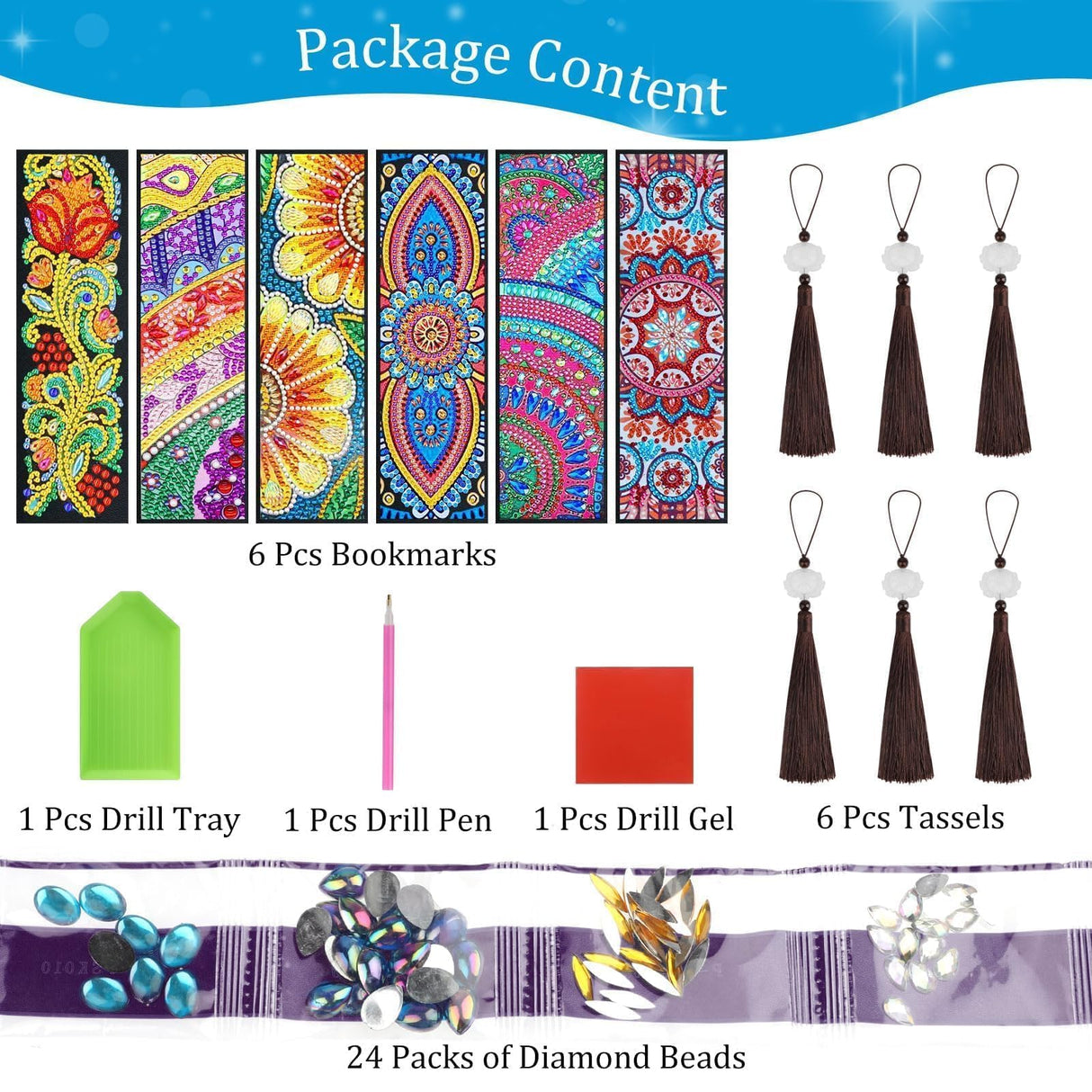 EEEKit 6 PCS Diamond Painting Bookmarks, DIY Art Bookmark Kit for Adults, Floral Tassel Leather Page Bookmark for Book Lovers, Christmas Gifts EEEKit