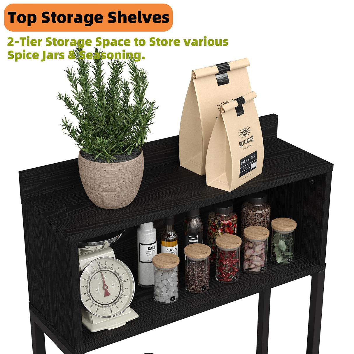 Furniouse 5-Tier Kitchen Bakers Rack with Power Outlet, Industrial Microwave Oven Stand with Storage, Kitchen Storage Shelf with Cabinet, Coffee cart, Standing Kitchen Storage Rack (Black) Furniouse