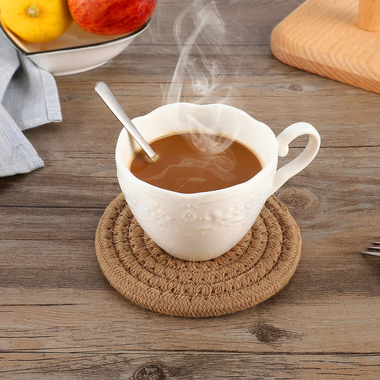 ABenkle 6 Pcs Coasters for Drinks,Super Absorbent Drink Coasters, Stylish Handmade Round Woven Coaster for Coffee Table Tabletop Protection Housewarming Gift for Home Decor - 4.3 Inches, Brown ABenkle