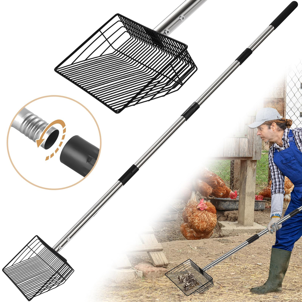 10inch Large Metal Chicken Poop Scooper, 24 to 68" Long Chicken Coop Litter Scoop with Stainless Steel Handle, 4 in 1 Multifunctional Heavy Duty Litter Sifting Shovel Chicken Coop Accessories CAROD