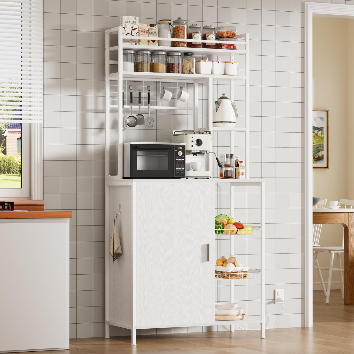 LegacyAmerhome Bakers Rack with Storage, 7-Tiers Large Bakers Rack with Power Outlet, Kitchen Microwave Stand Cabinet, Coffee Bar Cabinet with Storage Shelf, for Kitchen Living Room Pantry, White LegacyAmerhome