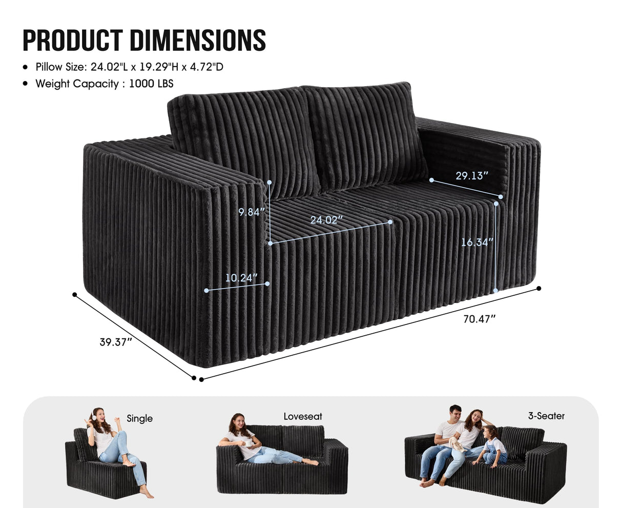 Modular Sectional Sofa 2 Seater Loveseat Modular Sofa Couch with Deep Seat Memory Foam Cloud Sofa Chair with Pillows Oversized Sectional Sofa for Living Room Bedroom (Strip Grey, Loveseat) Hobestluk