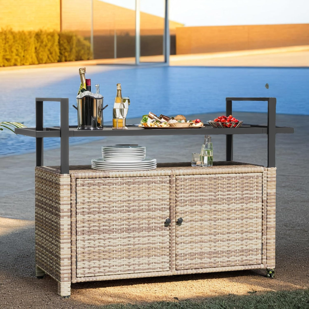 DWVO XL Outdoor Storage Cabinet,Patio Storage Table with Glass Top, Bar Table with Wheels,Outdoor Bar Cart for Patio, Poolside and Backyard,Light Brown DWVO