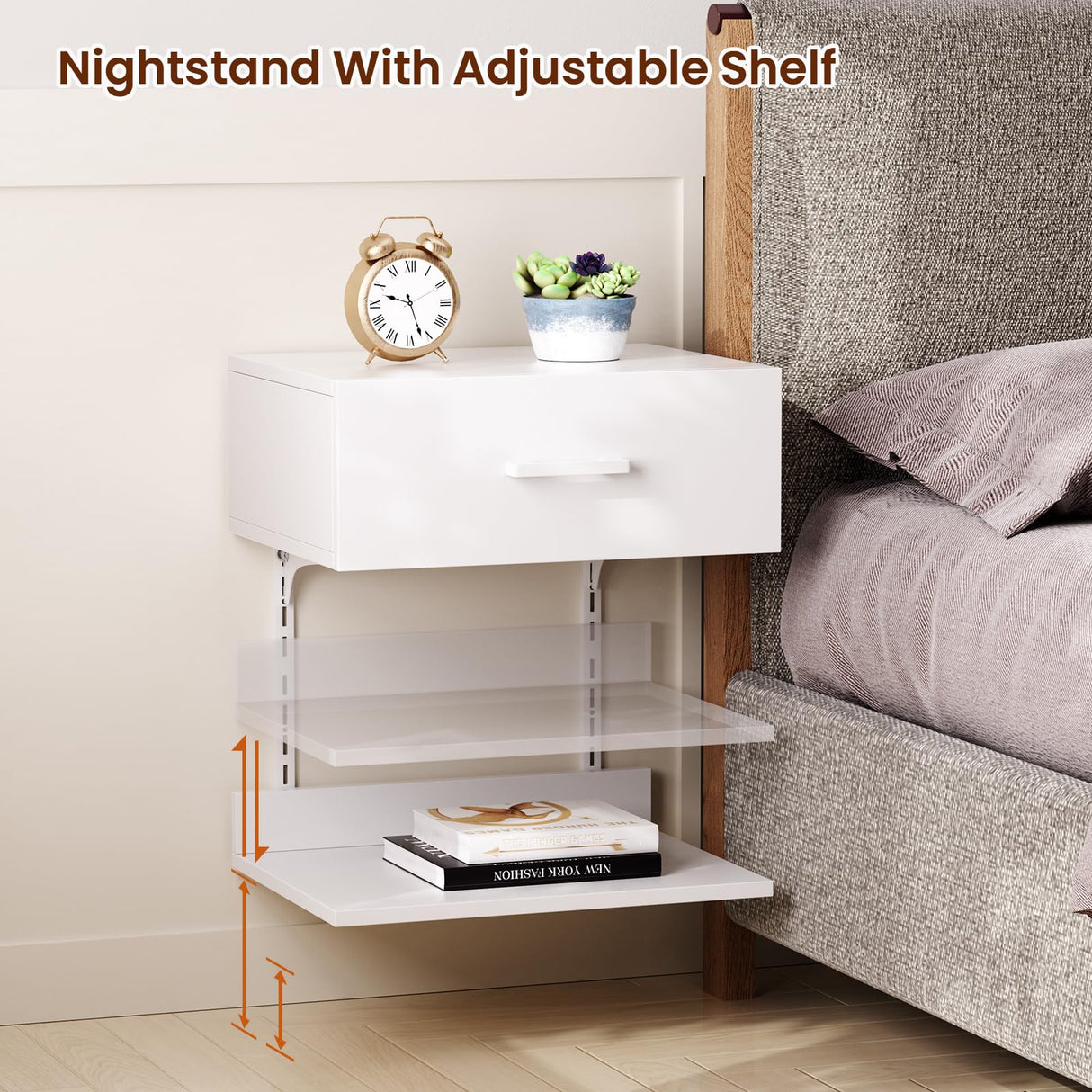 Asgolion Floating Nightstand with Drawer, Modern Wall Mounted Nightstand, Floating Bedside End Table with Adjustable Shelf, Floating Night Stand, for Bedroom, Small Spaces, Bathroom, White Asgolion