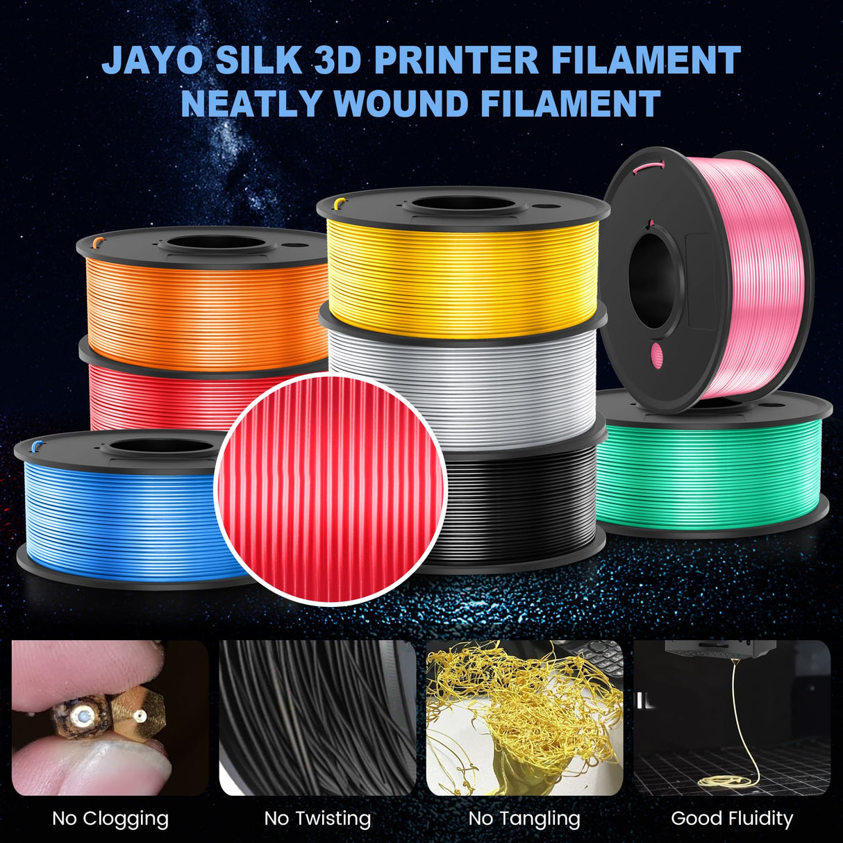 JAYO Silk PLA Filament Bundle 1.75mm, Silk 3D Printer Filament Bundle Multicolor, Individually Vacuum Packed, 8 Pack, Shiny Silk 2KG in Total, Light Gold+Silver+Black+Blue+Red+Green+Orange+Pink JAYO