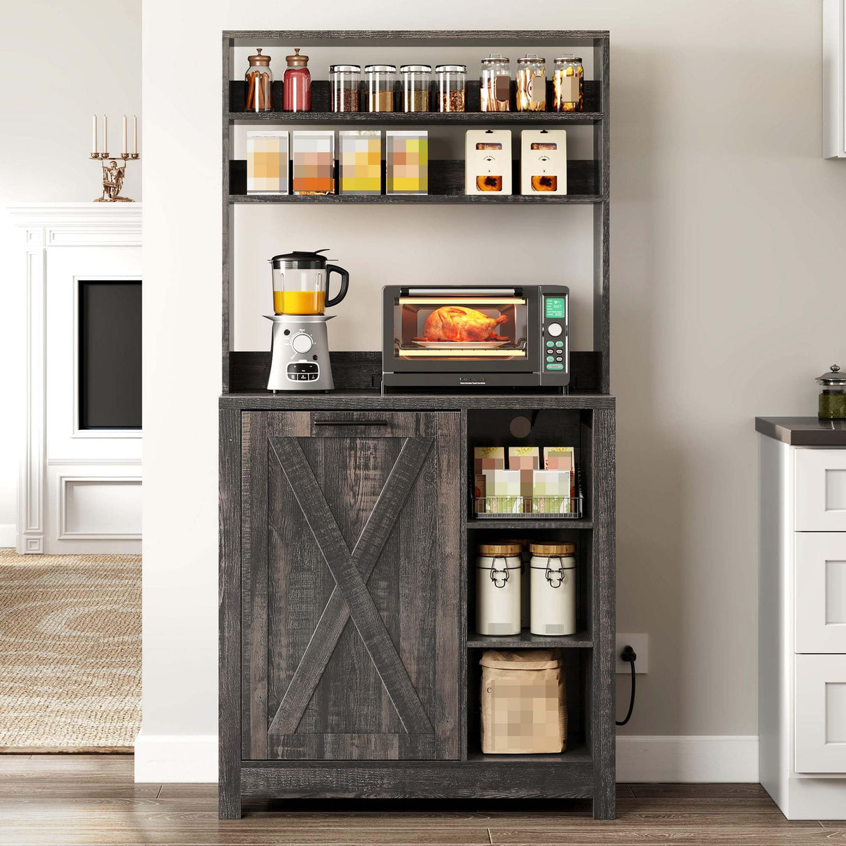 YITAHOME Bakers Rack Microwave Stand with Trash Can Storage Bin Cabinet and Power Outlet, 6-Tiers Farmhouse Kitchen Tall Thickened Coffee Bar Station with Adjustable Shelf (Rustic Oak) YITAHOME