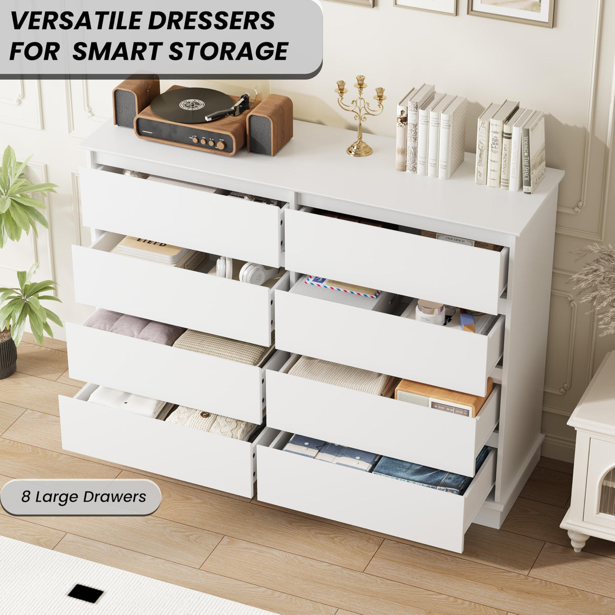 GarveeHome White 8 Drawer Dressers for Bedroom, Chest of Drawers with Deep Drawers, Large Double Dresser for Closet with Wide Top, Horizontal Wooden Dresser for Living Room, Hallway, Kids Room GarveeHome