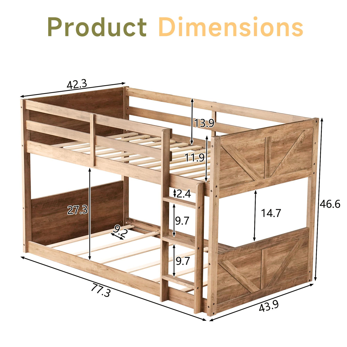 Twin Over Twin Low Bunk Beds with Rustic Headboard & Footboard – Solid Rubber Wood Floor Bunk Bed Frame, No Box Spring Needed, Perfect Small Bunked Frames for Kids, Teens, Boys Girls, Antique Oak Mirightone