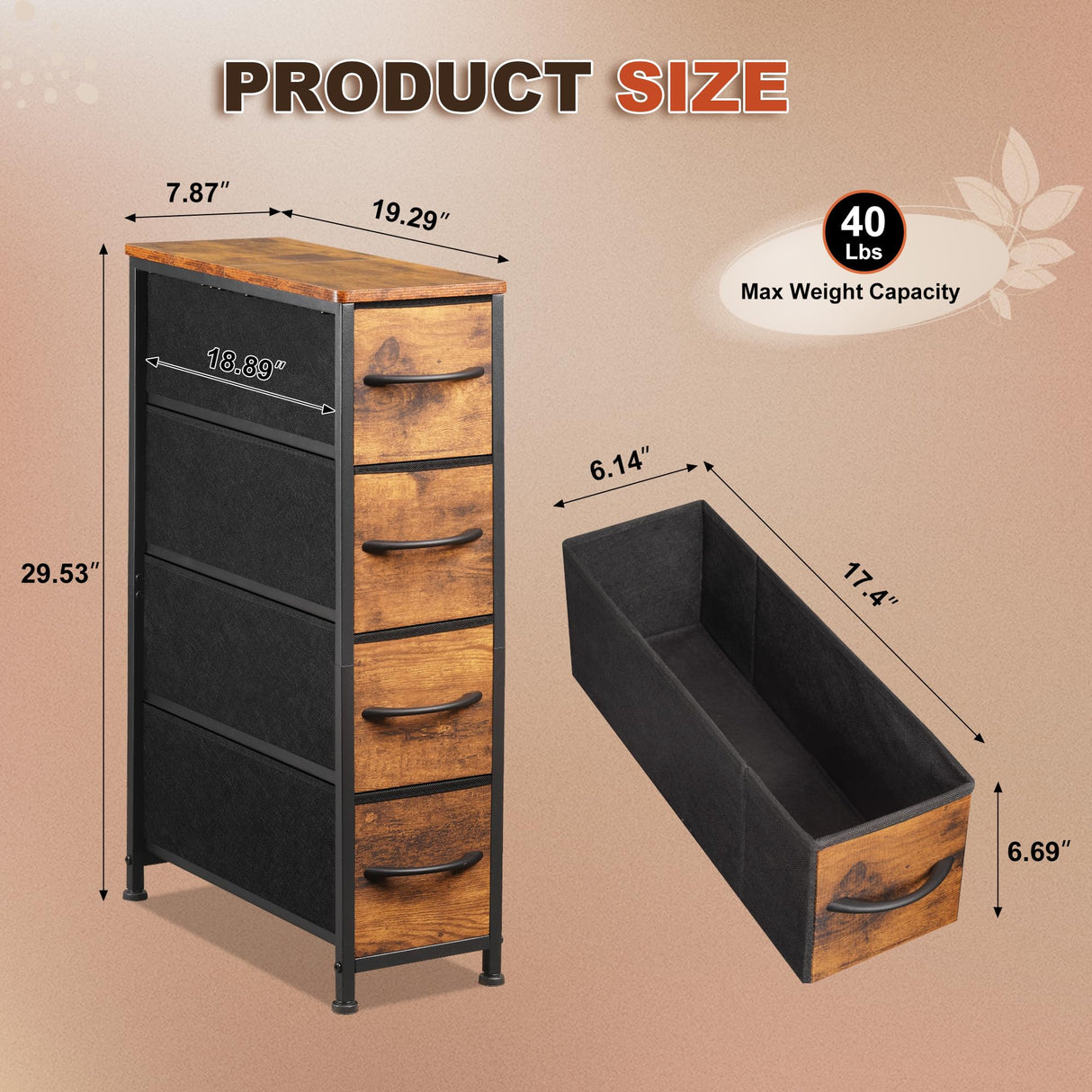 EKNKOZY Rustic Brown Narrow Dresser Tower with 4 Drawers and Steel Frame EKNKOZY