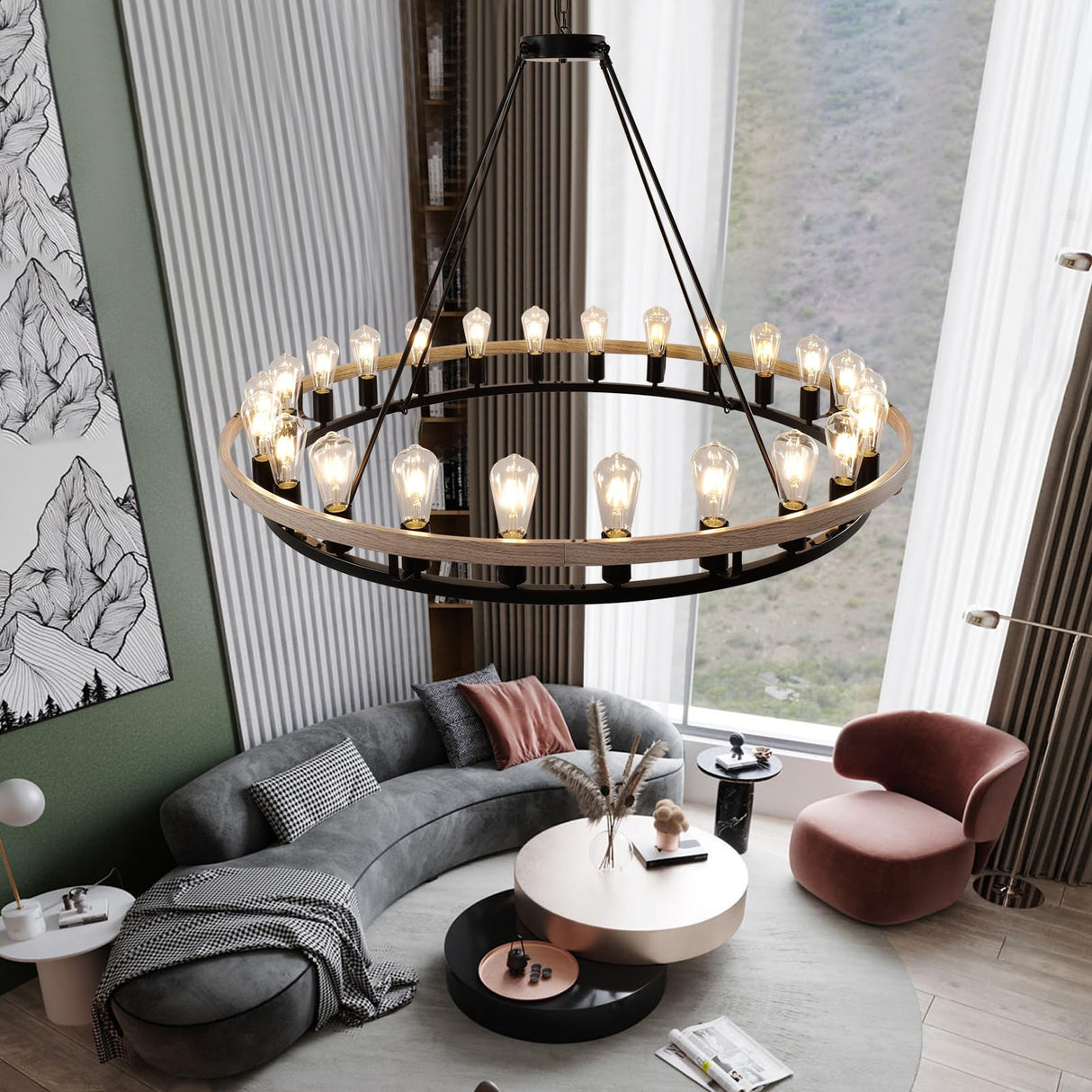 WOGON WEEL Wagon Wheel Chandelier 48-Inch 24-Light, Black and Oak Wood Tone Finish Round Rustic Farmhouse Chandelier Extra Large for High Ceilings, Living Room Foyer WOGON WEEL