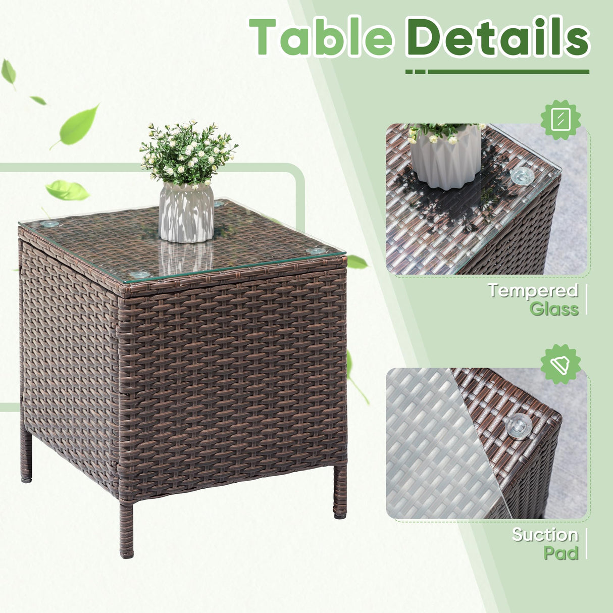 Greesum 3 Pieces Patio Dining PE Rattan Wicker Chair Furniture Set with Cushion and Glass Coffee Table for Outdoor Garden Backyard Poolside, Brown and Beige Greesum